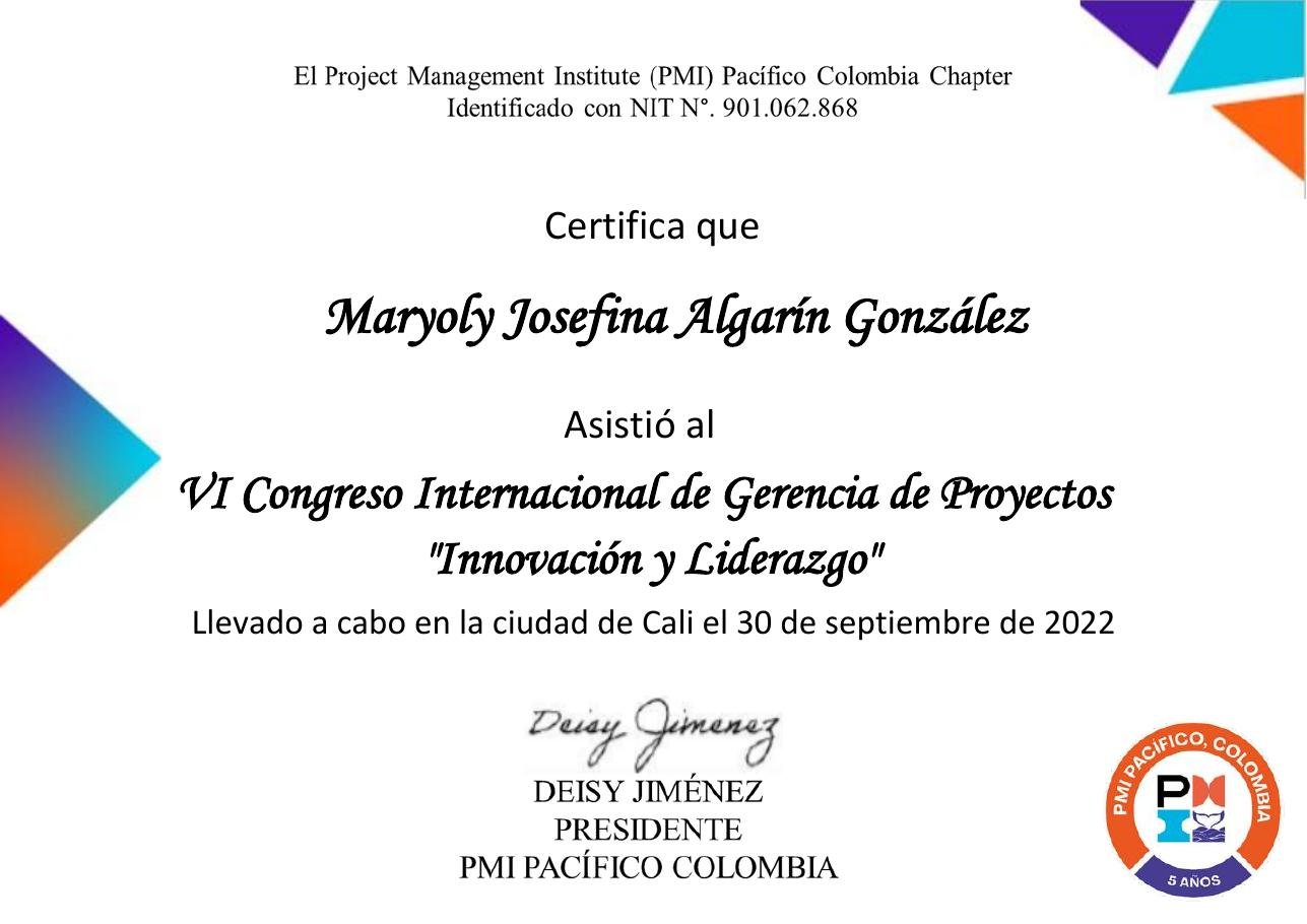 Certificado VI Congreso Internacional de Gerencia de Proyectos, PMI Pacífico Colombia