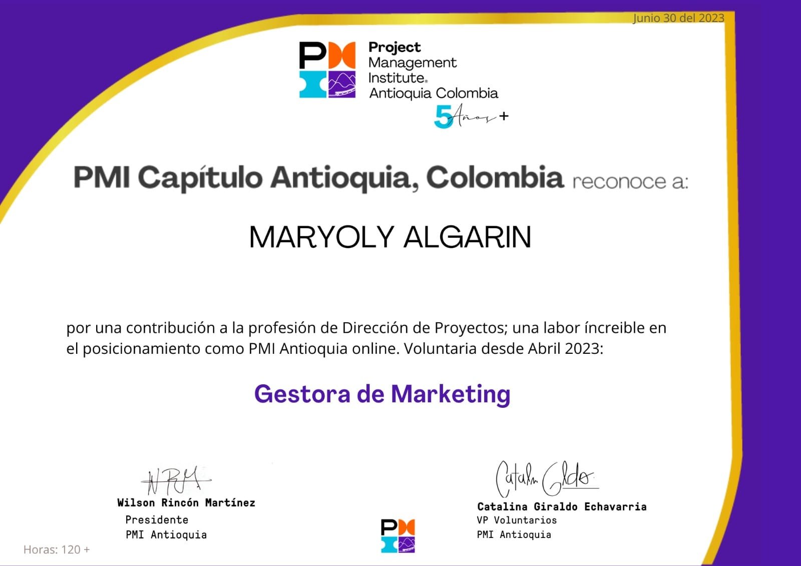 Reconocimiento como Gestora de Marketing, PMI Capítulo Antioquia